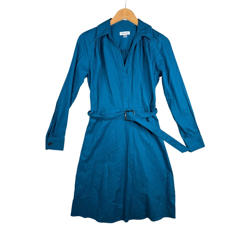 Calvin Klein Womens Teal Blue Long Sleeve Shirt Dress Size 6 with Belt
